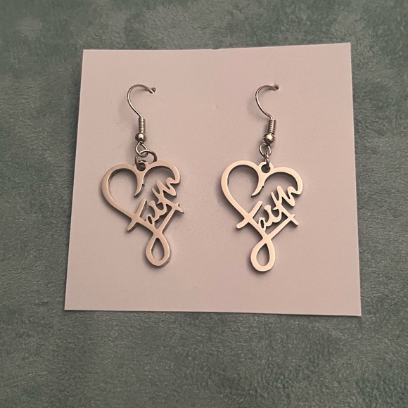 Jewelry - Silver Heart Faith Script Earrings